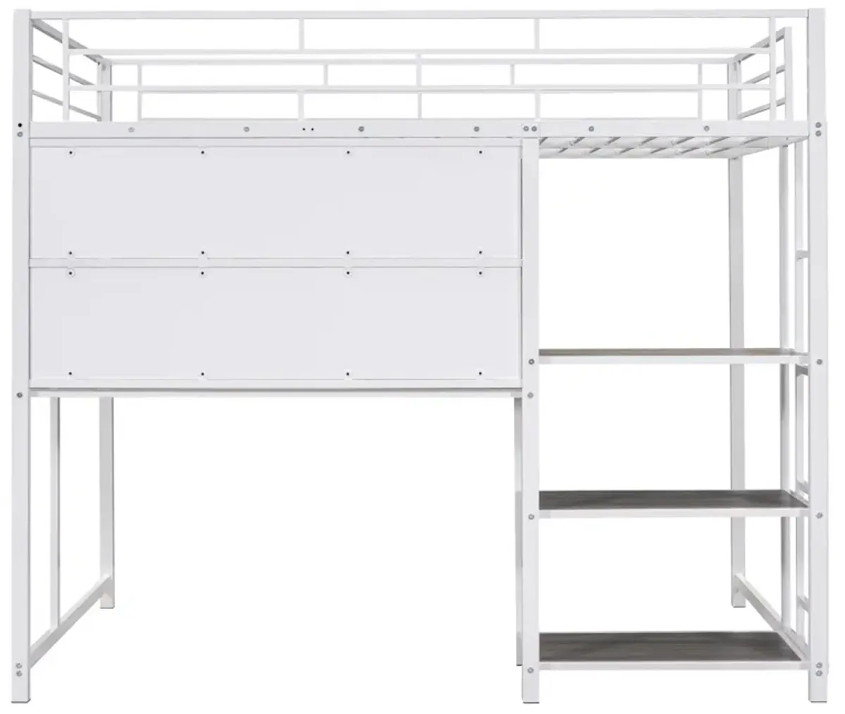 Full Size Loft Bed With Desk And Whiteboard, Metal Loft Bed With 3 Shelves And Ladder, White