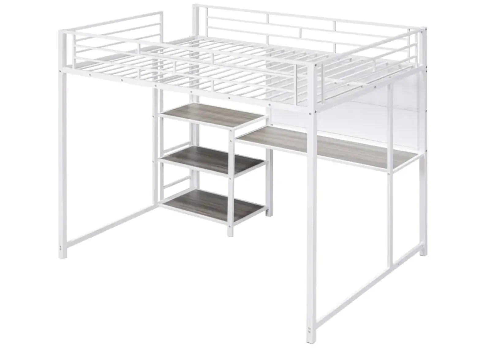 Full Size Loft Bed With Desk And Whiteboard, Metal Loft Bed With 3 Shelves And Ladder, White