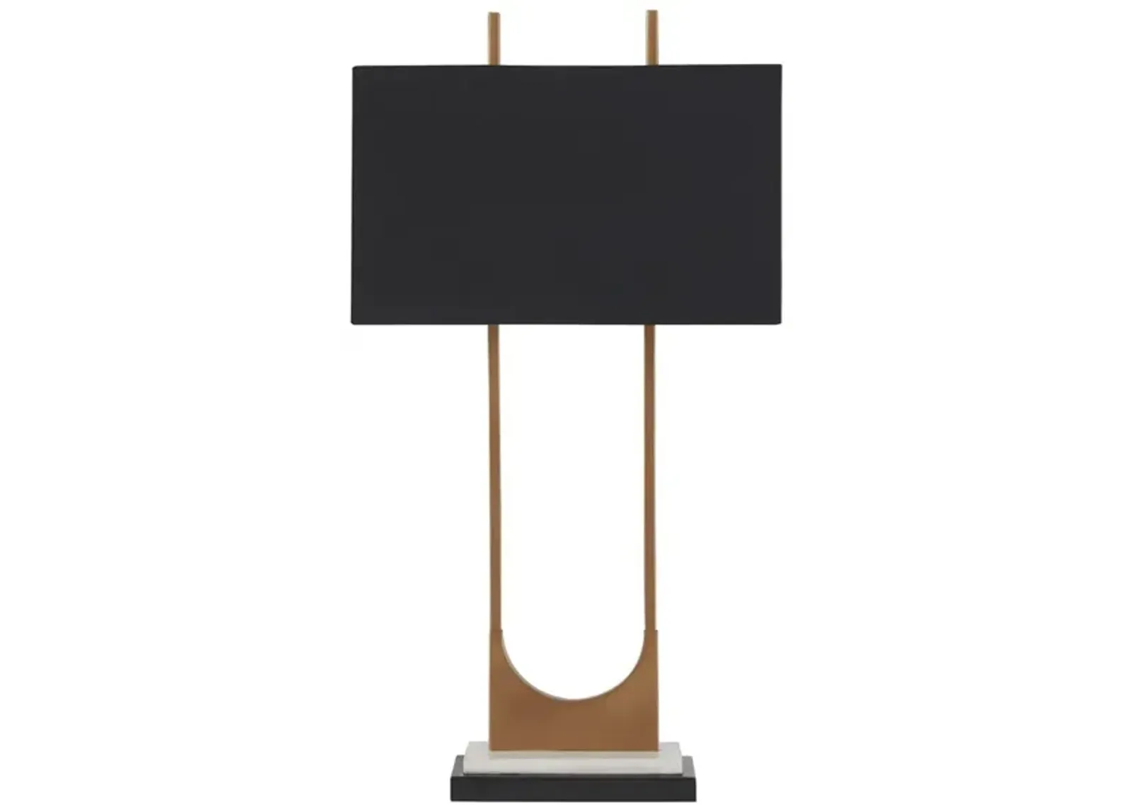 U Shaped Metal Body Table Lamp with Marble Base, Gold and Black-Benzara