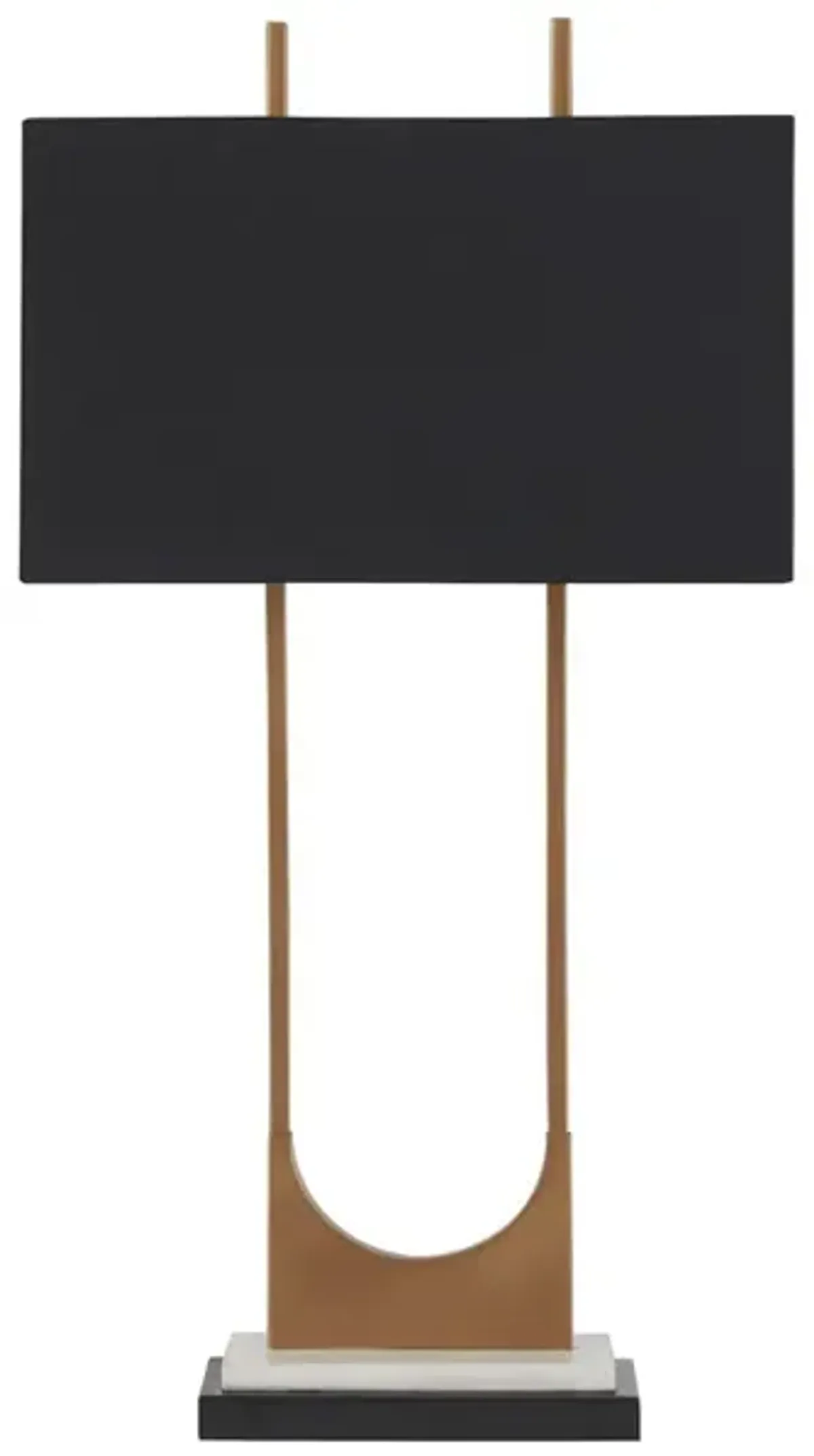 U Shaped Metal Body Table Lamp with Marble Base, Gold and Black-Benzara