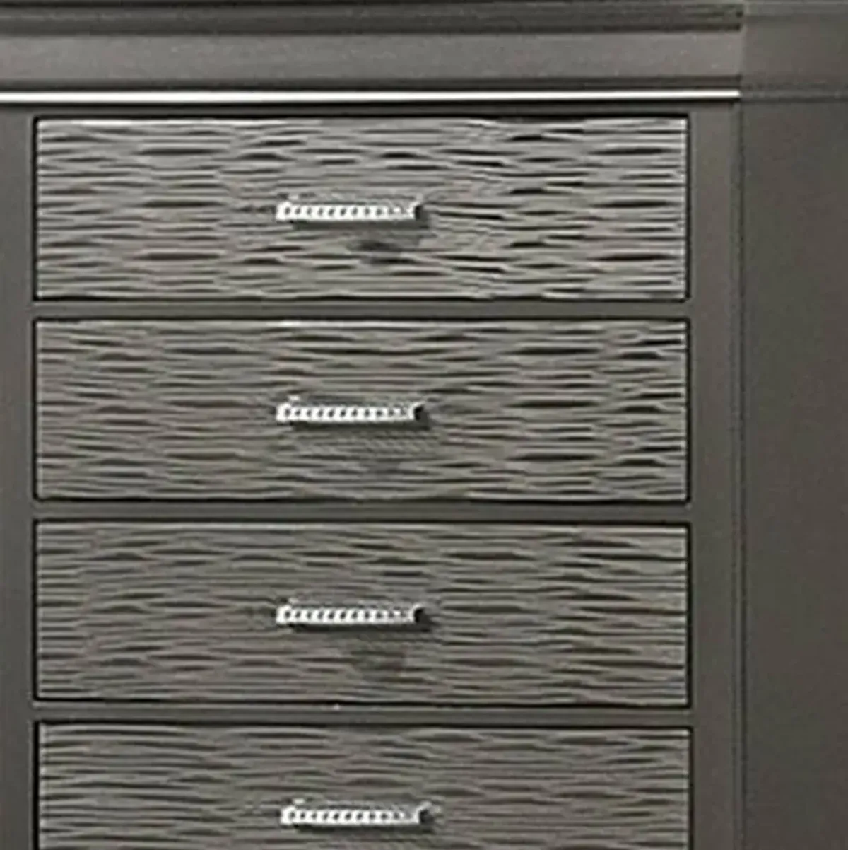 Jean Tall Dresser Chest, 5 Drawers, Chrome, Dark Gray Solid Wood - Benzara