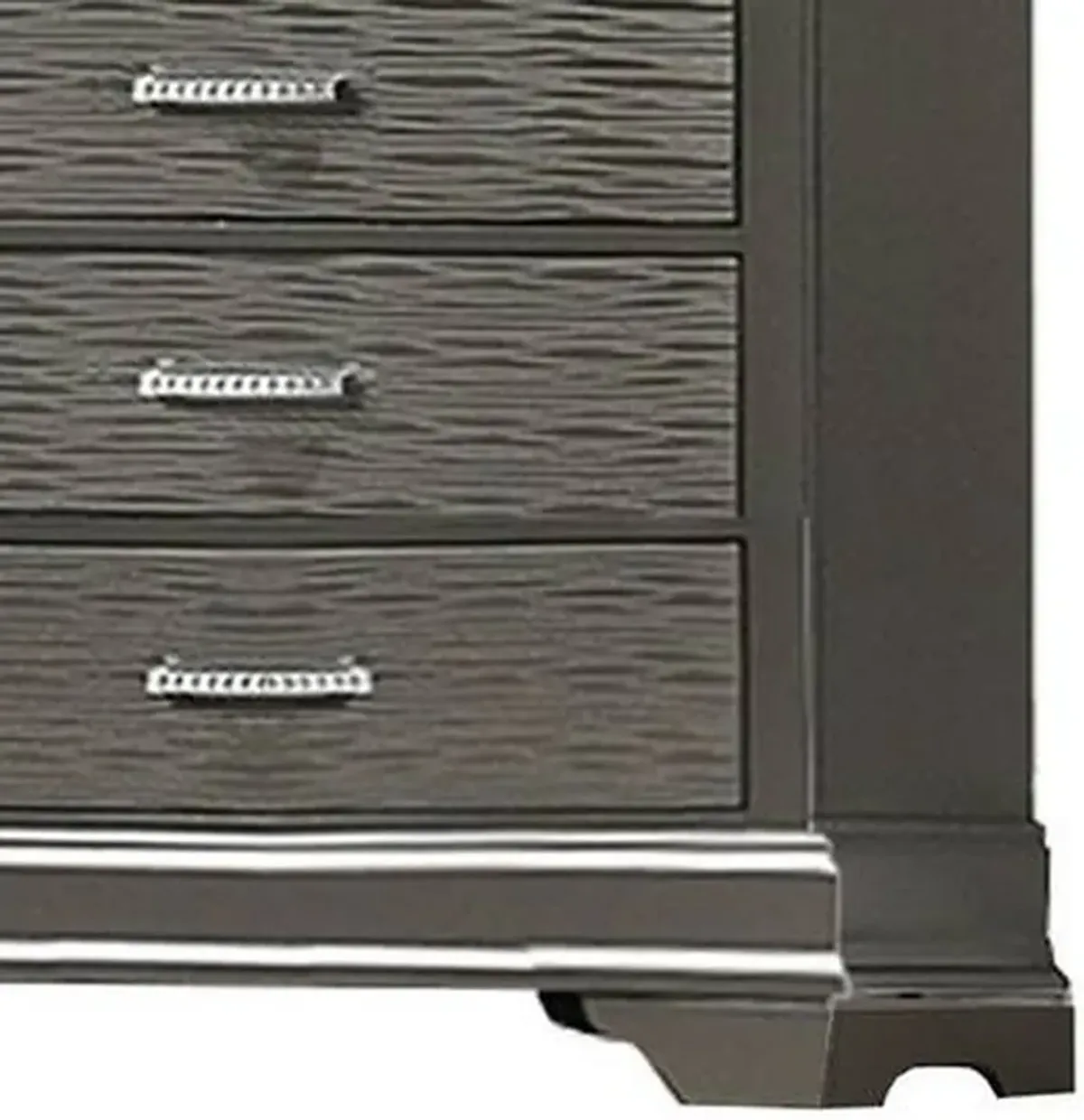 Jean Tall Dresser Chest, 5 Drawers, Chrome, Dark Gray Solid Wood - Benzara