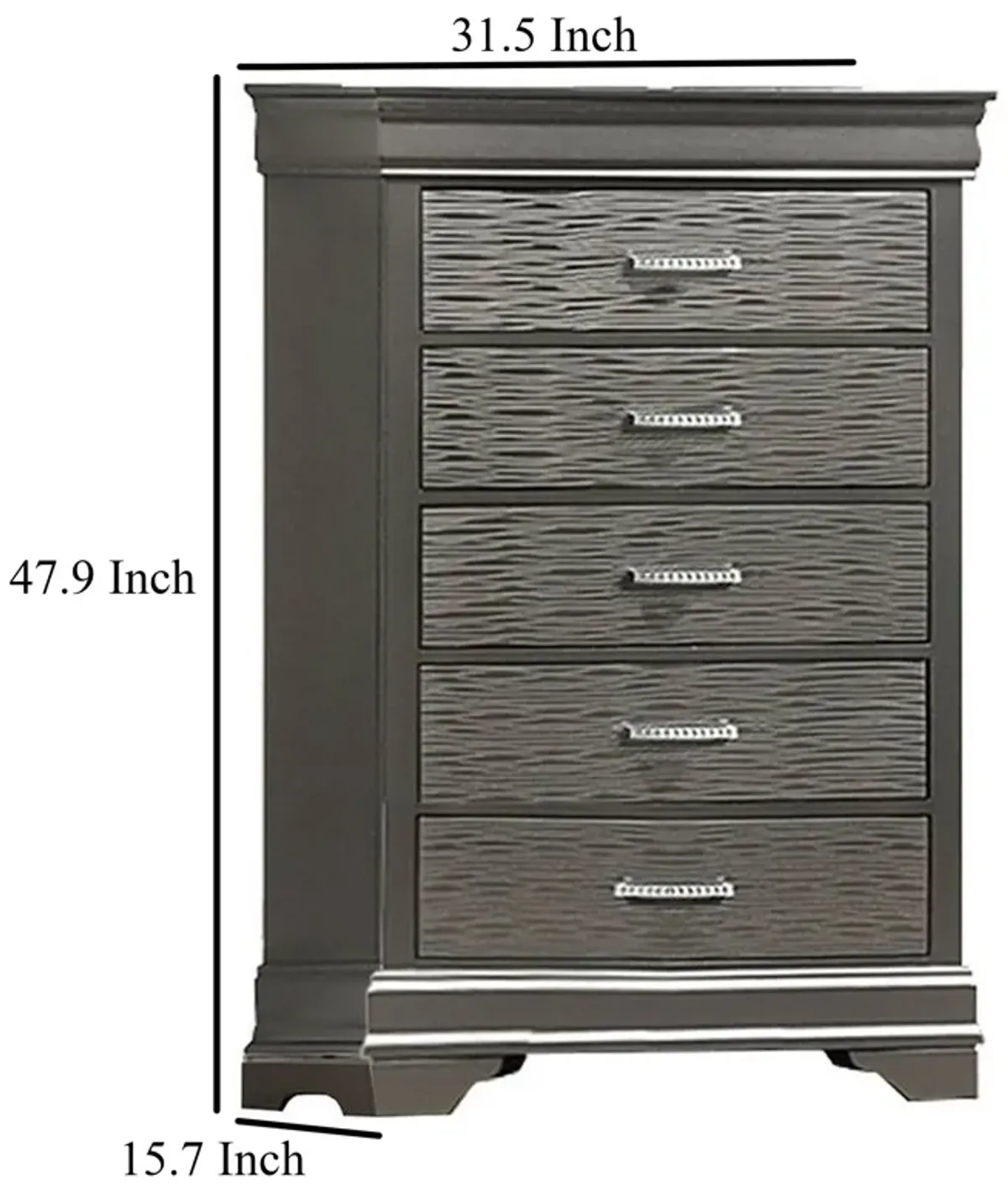 Jean Tall Dresser Chest, 5 Drawers, Chrome, Dark Gray Solid Wood - Benzara