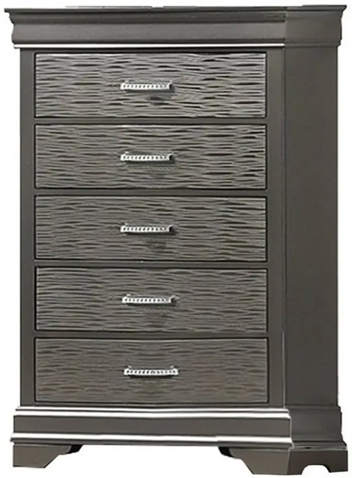 Jean Tall Dresser Chest, 5 Drawers, Chrome, Dark Gray Solid Wood - Benzara