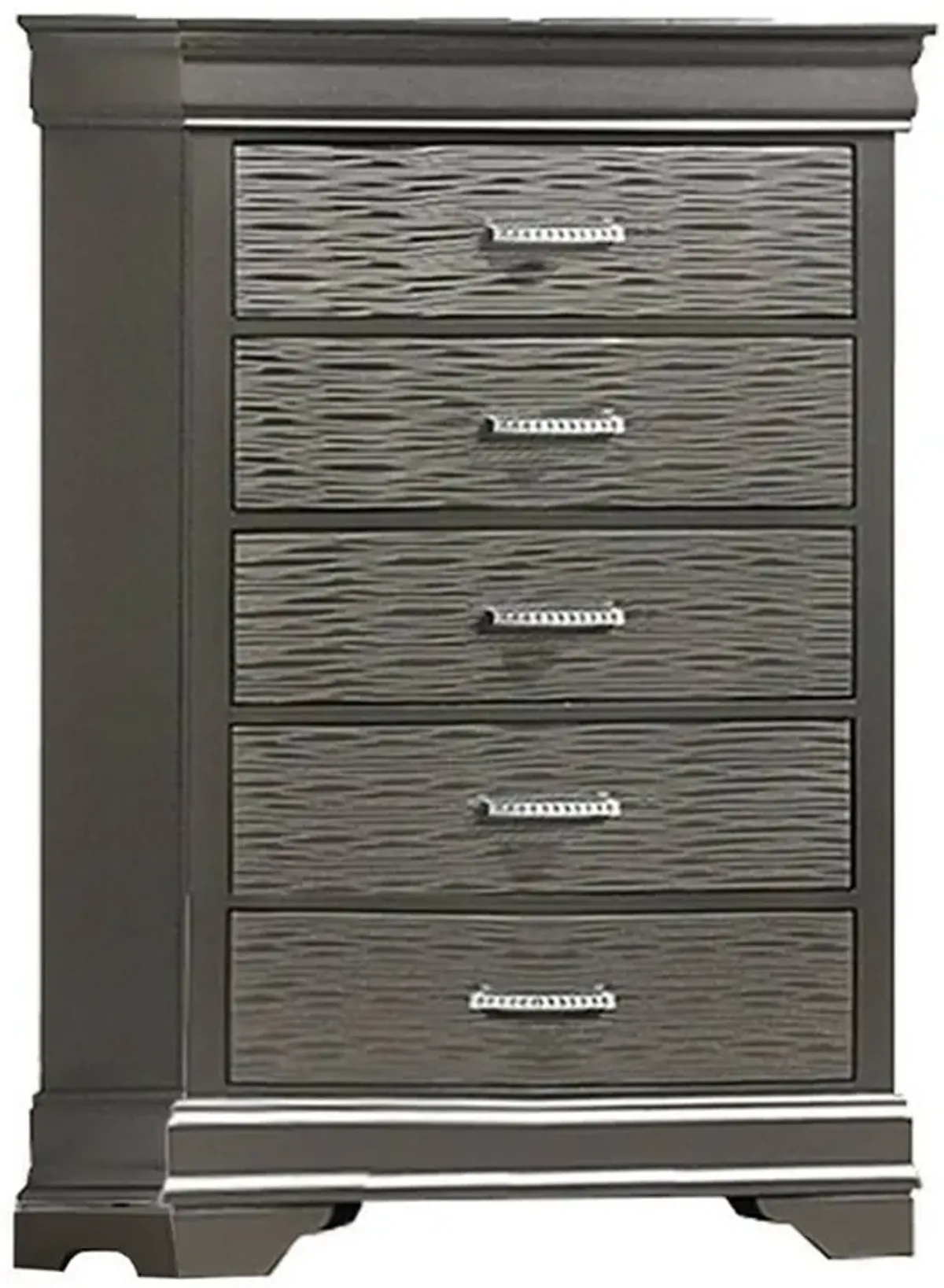 Jean Tall Dresser Chest, 5 Drawers, Chrome, Dark Gray Solid Wood - Benzara