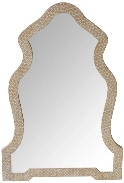 Scalloped Top Wooden Framed Wall Mirror with Geometric Texture, Brown-Benzara