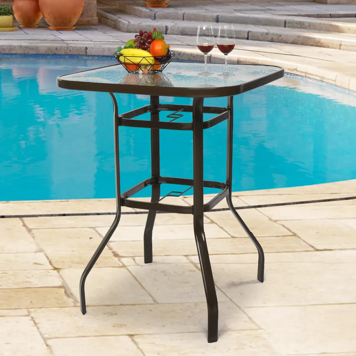 Square Patio Bar Table with Tempered Glass Top and Umbrella Hole for Outdoor Use