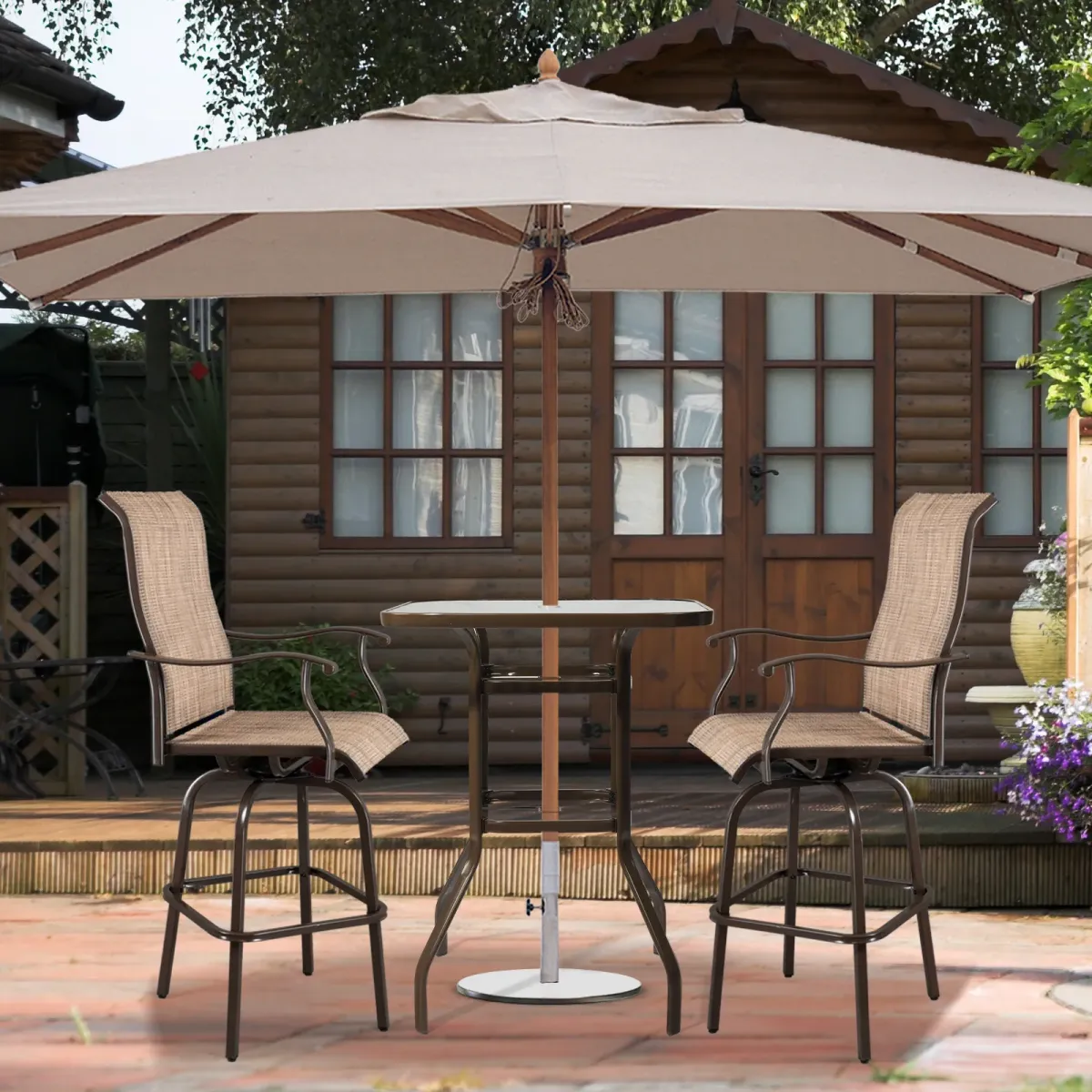 Square Patio Bar Table with Tempered Glass Top and Umbrella Hole for Outdoor Use