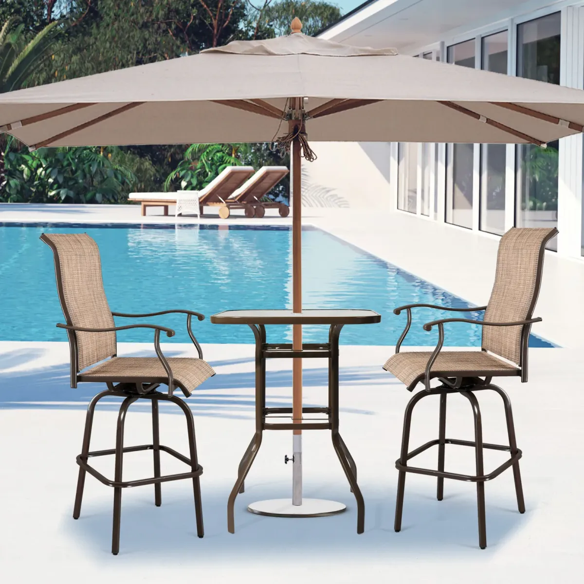 Square Patio Bar Table with Tempered Glass Top and Umbrella Hole for Outdoor Use