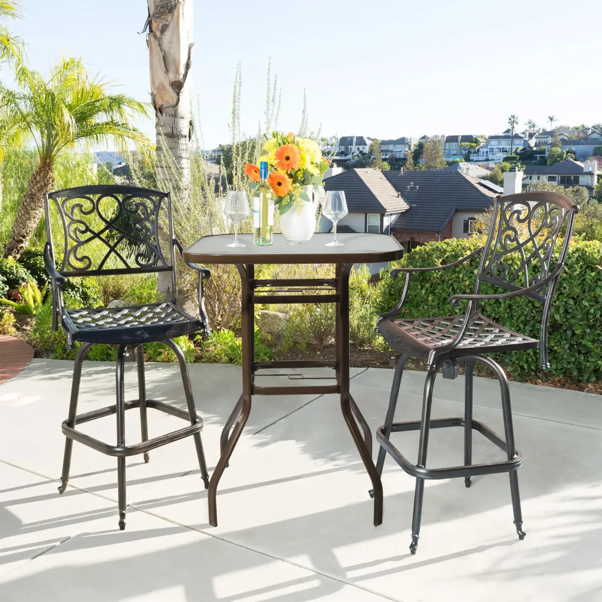 Square Patio Bar Table with Tempered Glass Top and Umbrella Hole for Outdoor Use