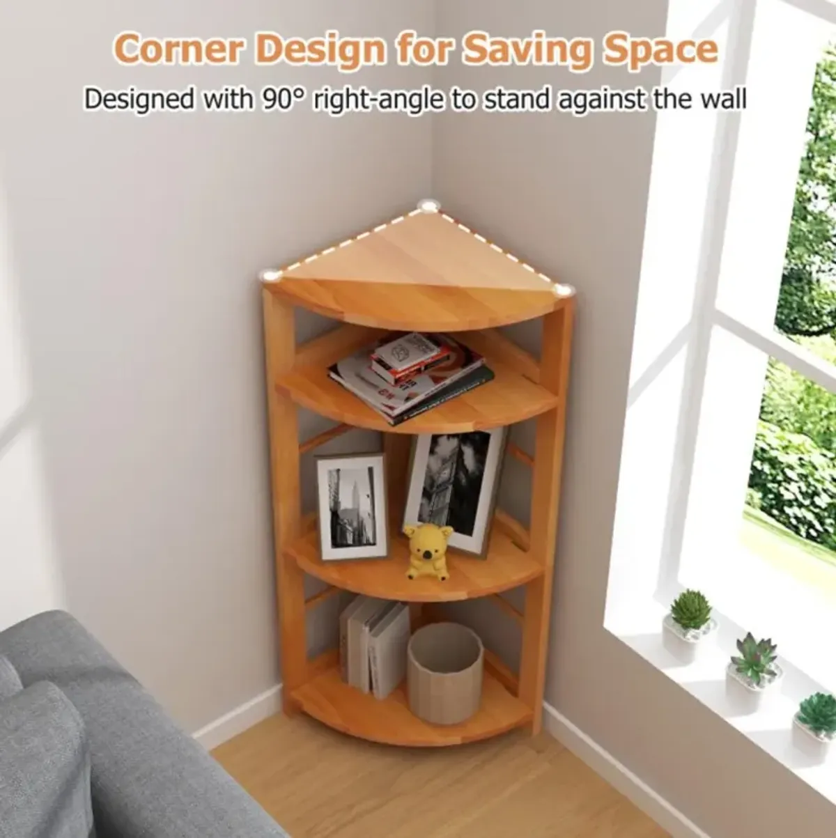 Hivvago 4-Tier Corner Shelf with Rubber Wood Frame and Anti-Toppling Kit