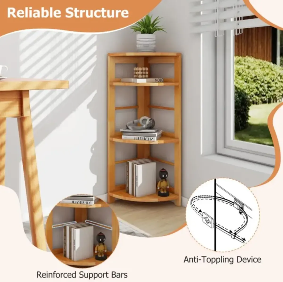 Hivvago 4-Tier Corner Shelf with Rubber Wood Frame and Anti-Toppling Kit