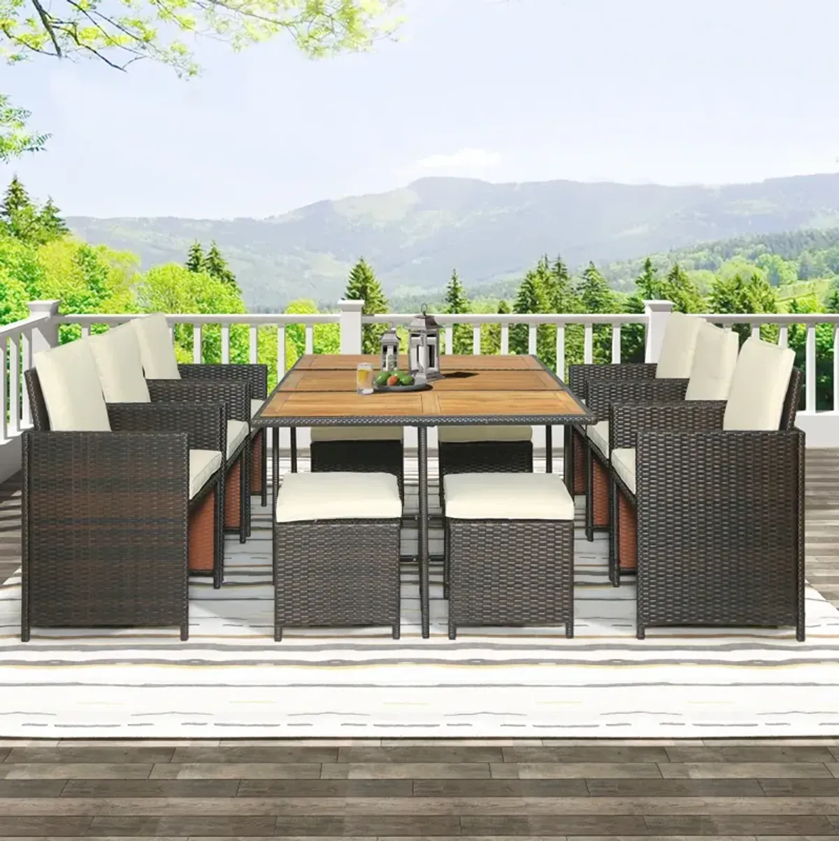 11-Piece Patio All-Weather PE Wicker Dining Table Set With Wood Tabletop For 10