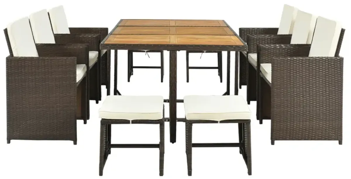 11-Piece Patio All-Weather PE Wicker Dining Table Set With Wood Tabletop For 10