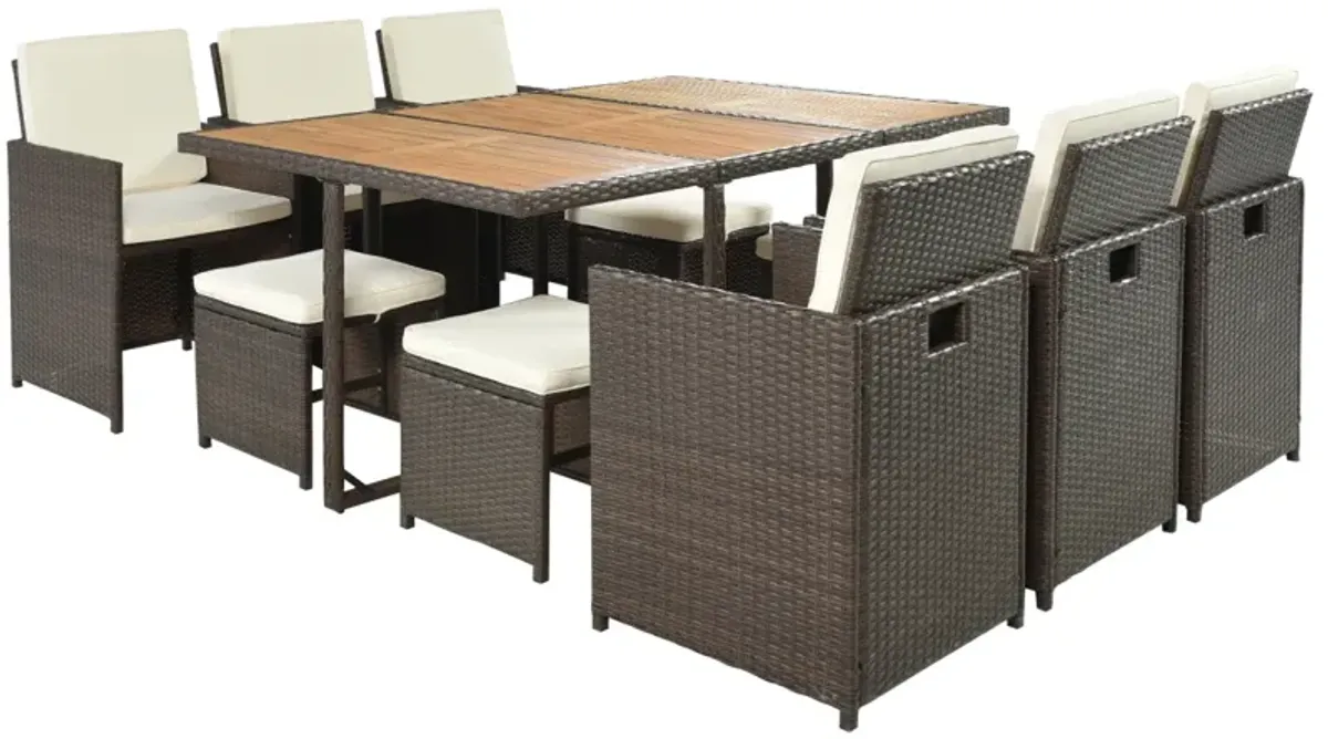 11-Piece Patio All-Weather PE Wicker Dining Table Set With Wood Tabletop For 10