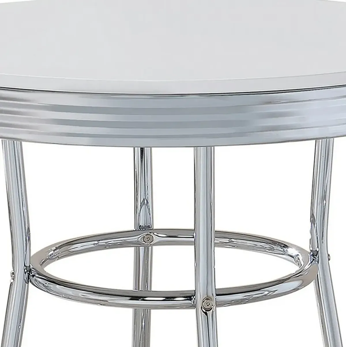 42 Inch Round Bar Table, Ribbed Apron, Glossy White Lacquer, Retro Style - Benzara