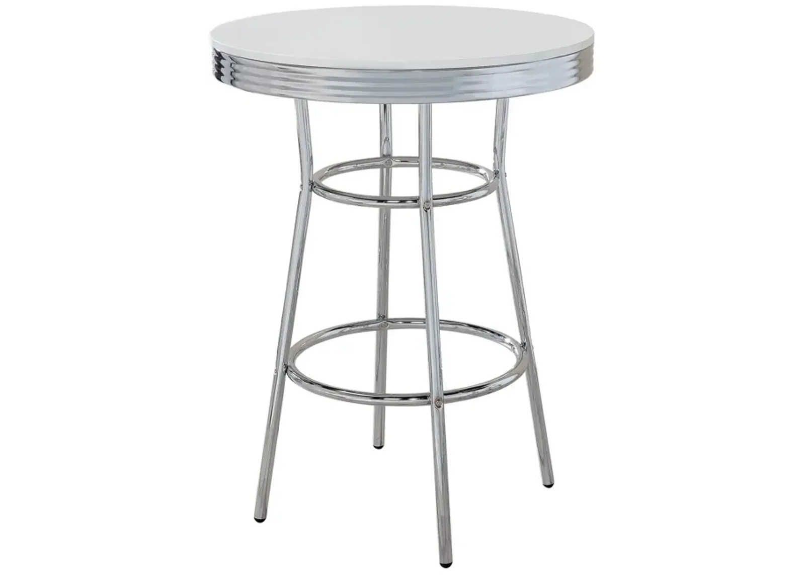 42 Inch Round Bar Table, Ribbed Apron, Glossy White Lacquer, Retro Style - Benzara