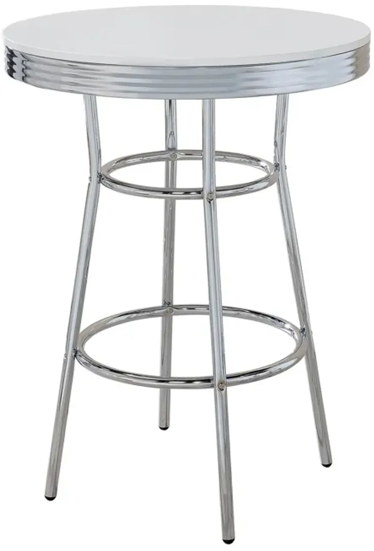 42 Inch Round Bar Table, Ribbed Apron, Glossy White Lacquer, Retro Style - Benzara