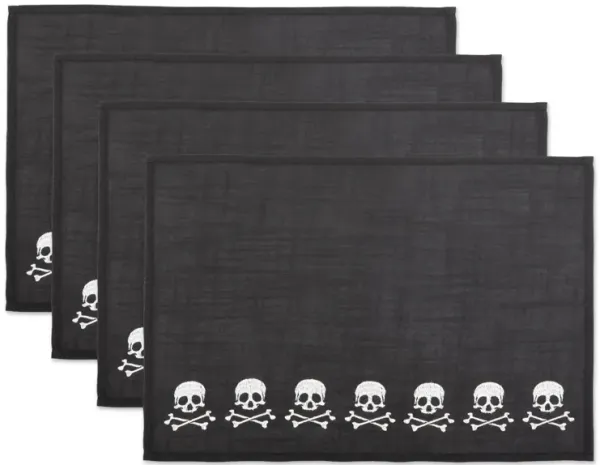 Set of 4 Black and White Skulls Embellished Rectangular Placemats 19"