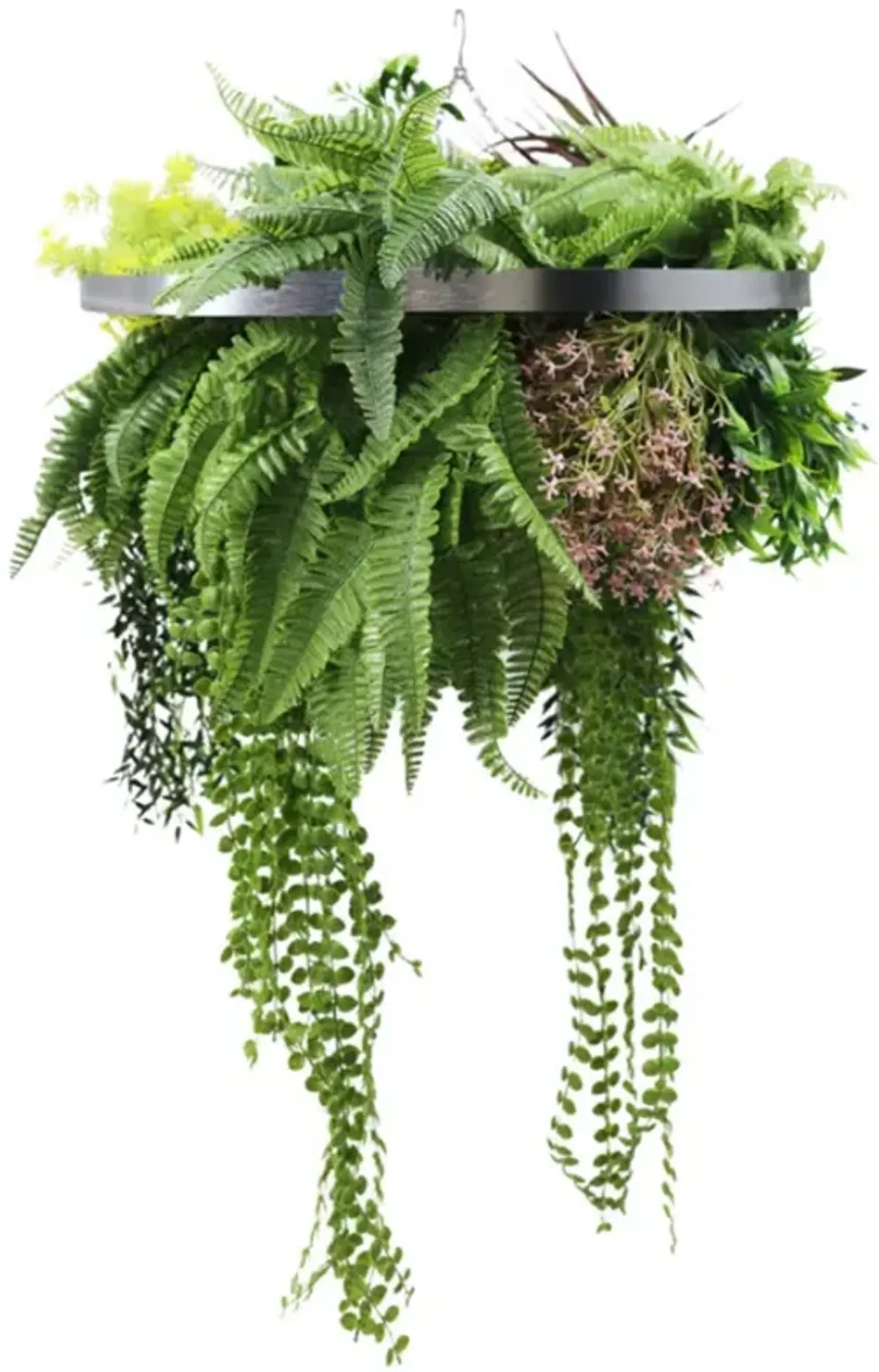 Silver Framed Roof Hanging Disc With Tropical Foliage Mix and Draping Stems 23.5" UV Resistant
