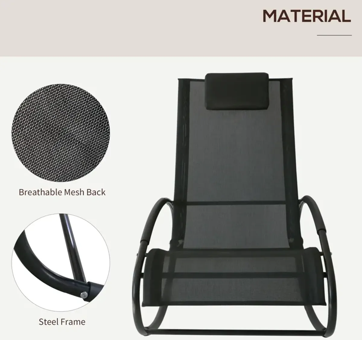 Black Patio Comfort: Rocking Chaise Lounger with Headrest & Breathable Fabric