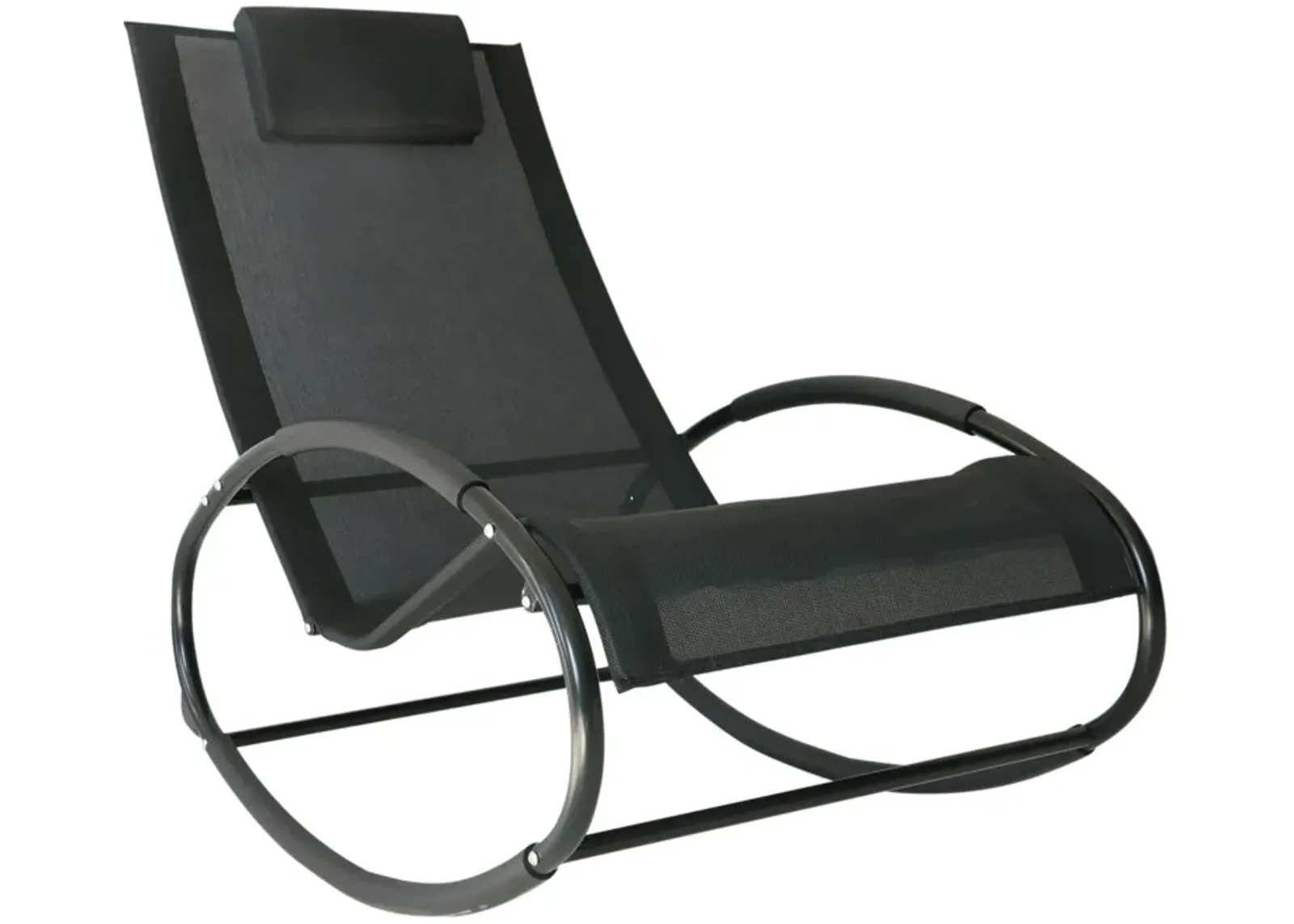 Black Patio Comfort: Rocking Chaise Lounger with Headrest & Breathable Fabric