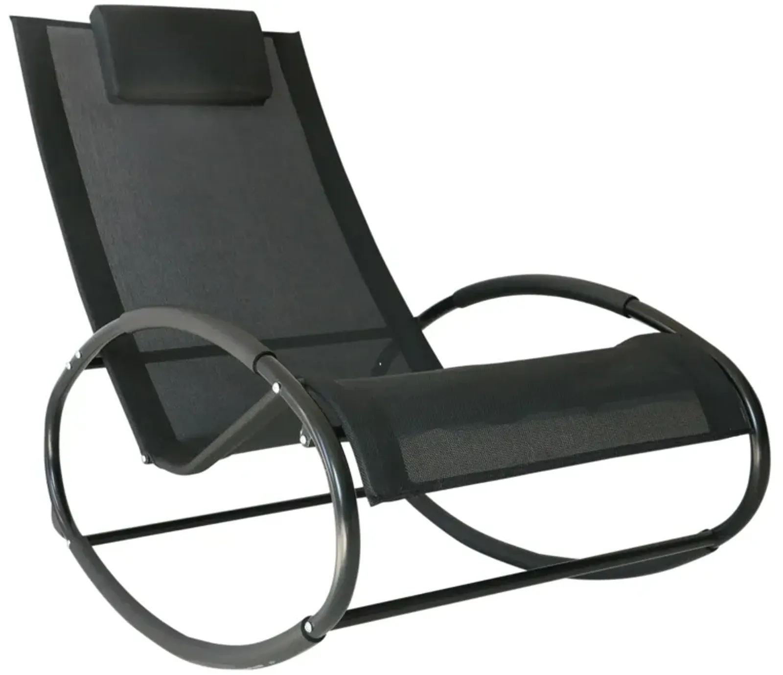 Black Patio Comfort: Rocking Chaise Lounger with Headrest & Breathable Fabric