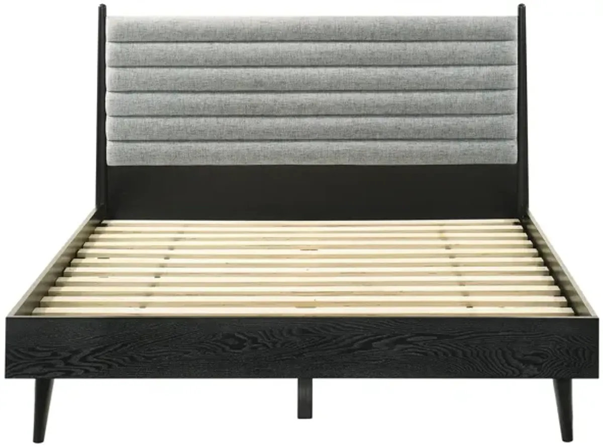 Benjara Mian Queen Platform Bed Frame, Channel Tufted, Black, Gray Upholstery