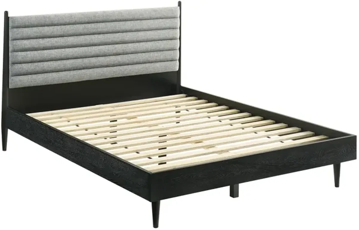 Benjara Mian Queen Platform Bed Frame, Channel Tufted, Black, Gray Upholstery