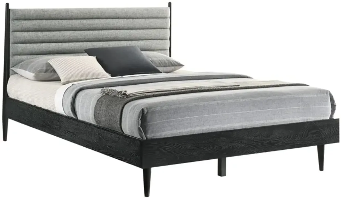 Benjara Mian Queen Platform Bed Frame, Channel Tufted, Black, Gray Upholstery