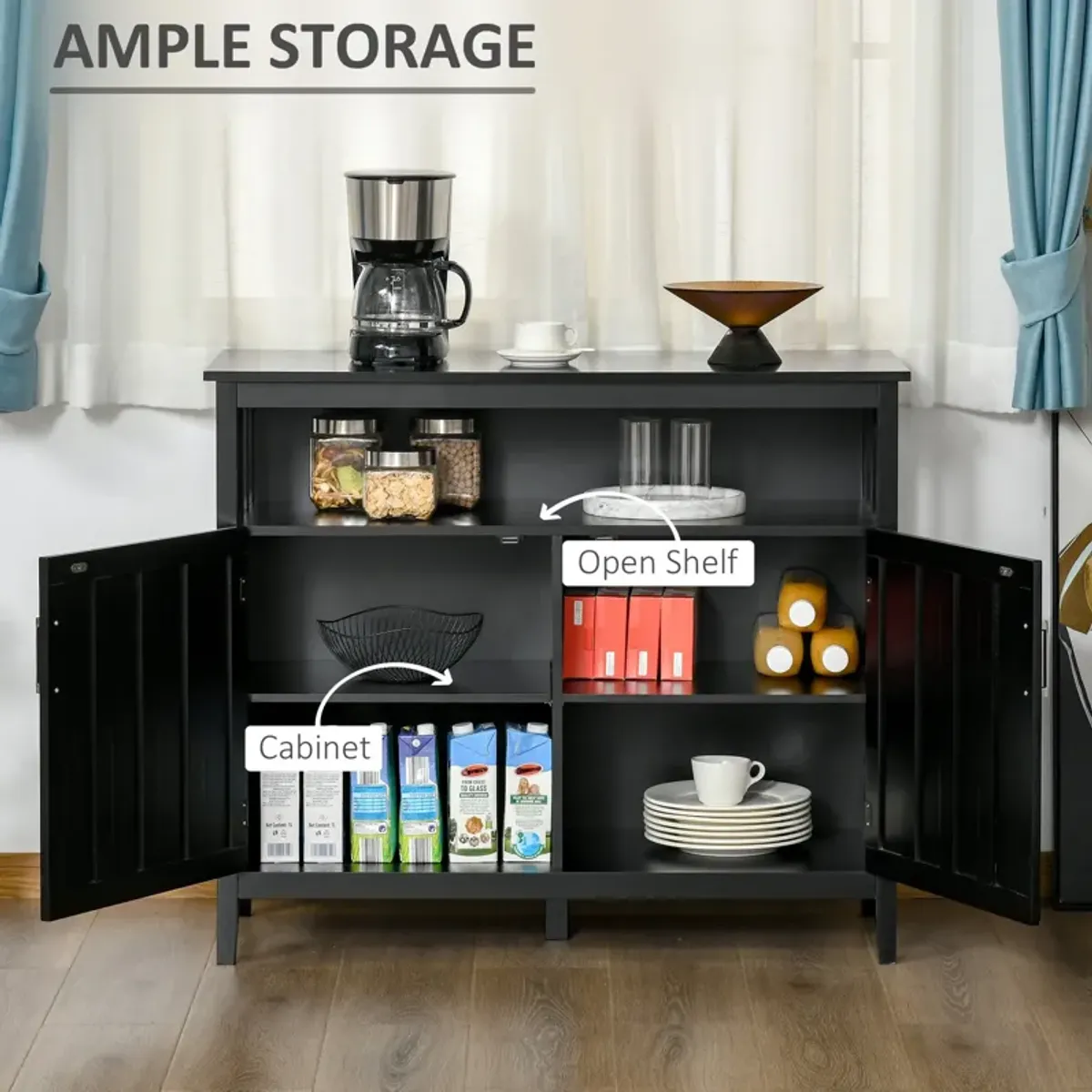 Black Entryway Cabinet: Kitchen Sideboard with 2 Doors and Shelves