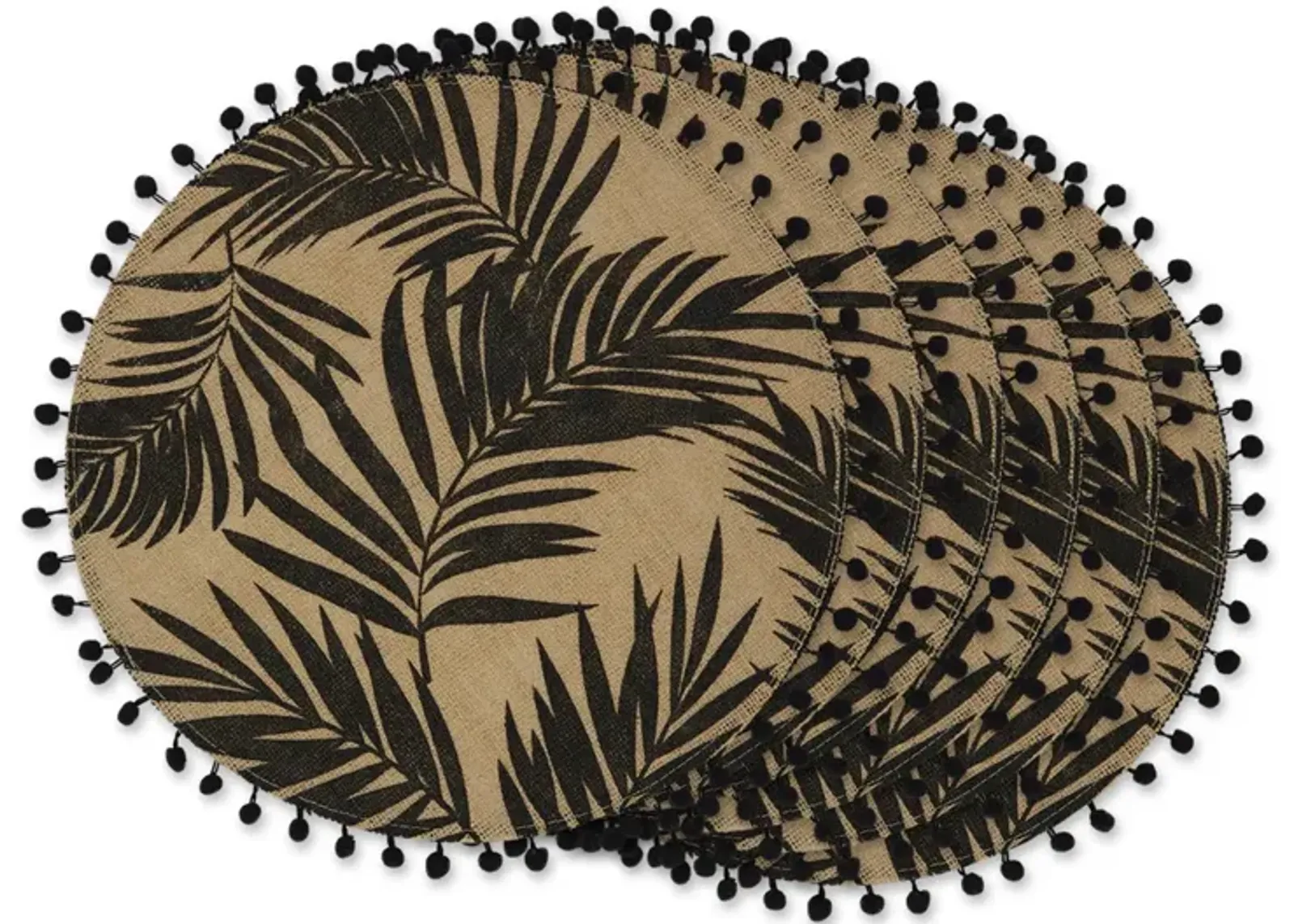 Set of 6 Black and Beige Fern Print Round Outdoor Placemats 15"