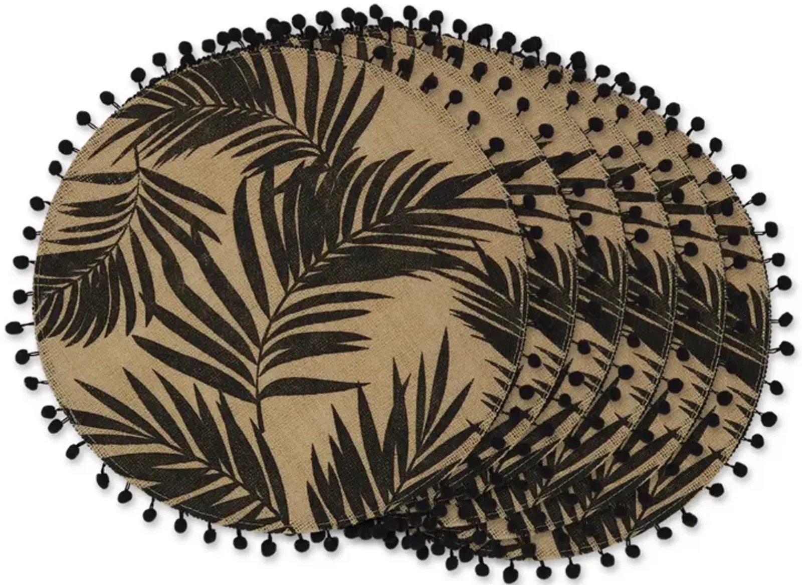 Set of 6 Black and Beige Fern Print Round Outdoor Placemats 15"