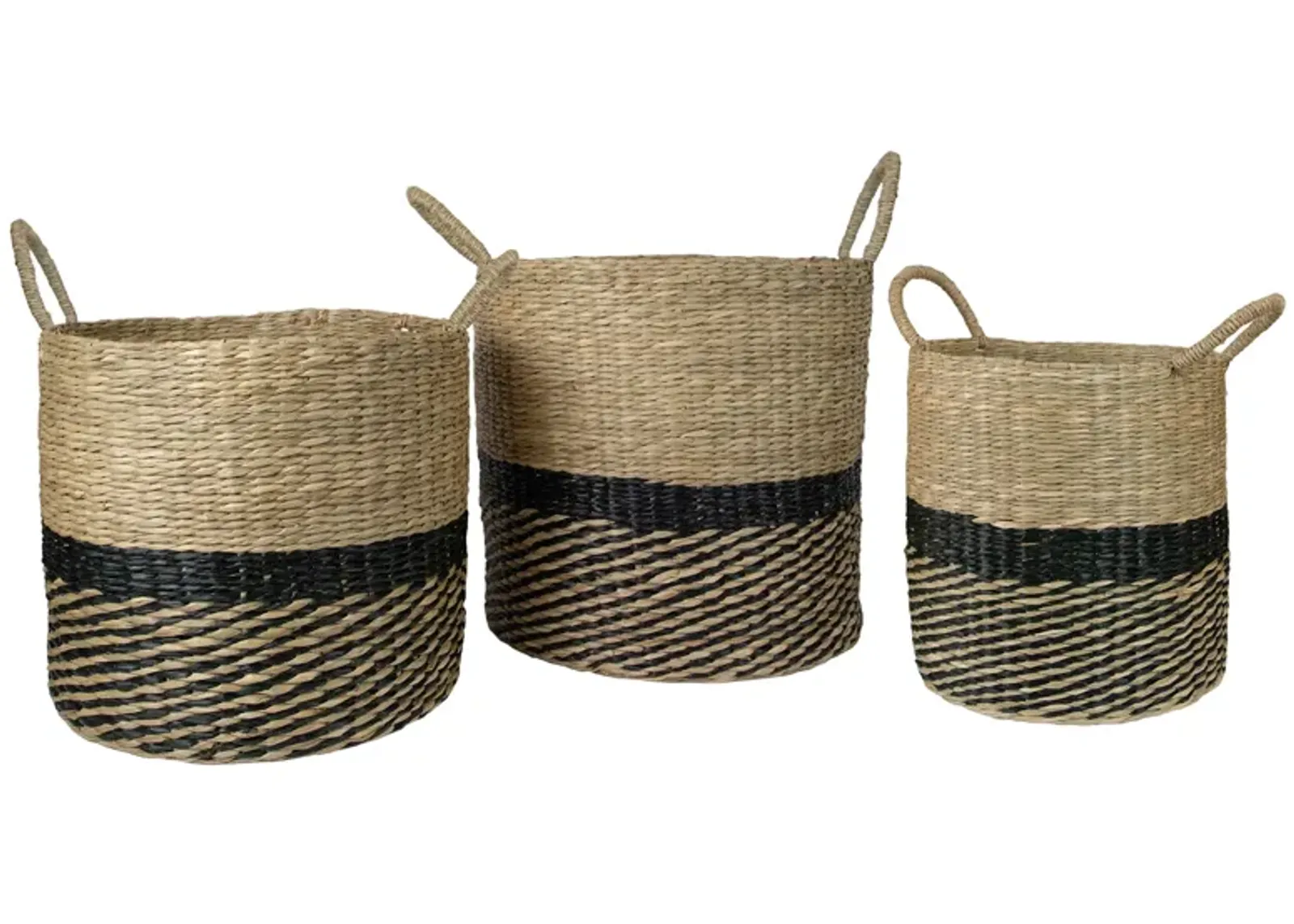 Set of 3 Black and Beige Woven Table and Floor Cylindrical Seagrass Baskets