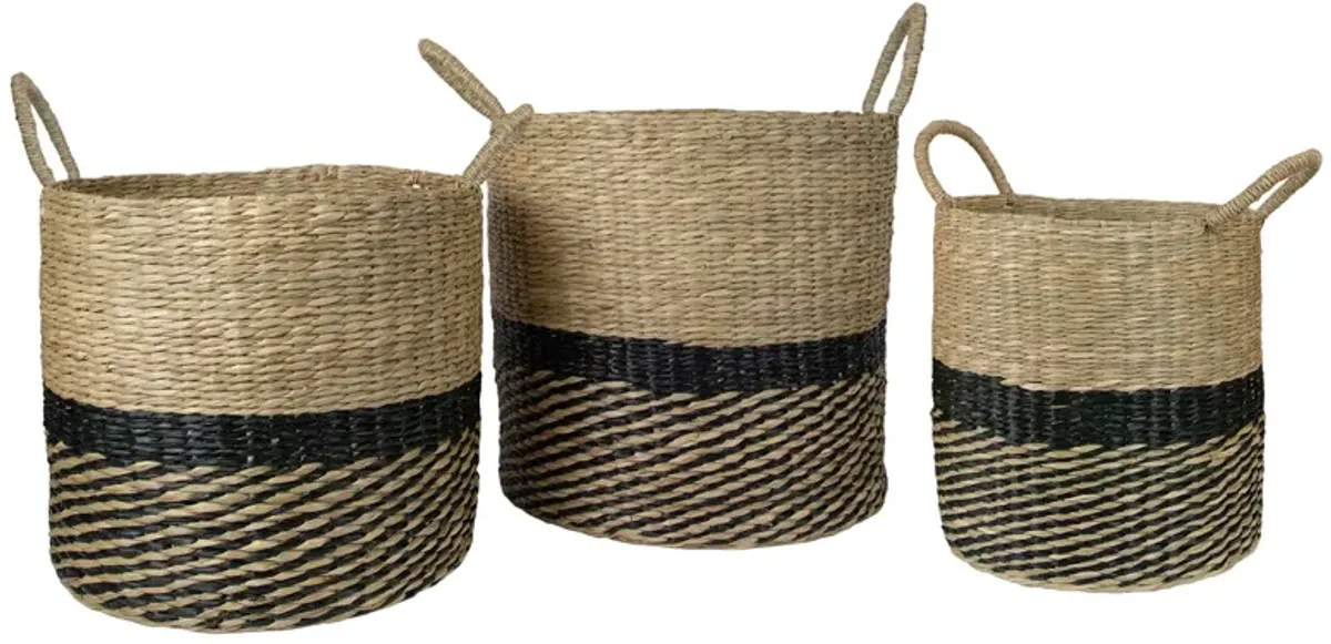 Set of 3 Black and Beige Woven Table and Floor Cylindrical Seagrass Baskets