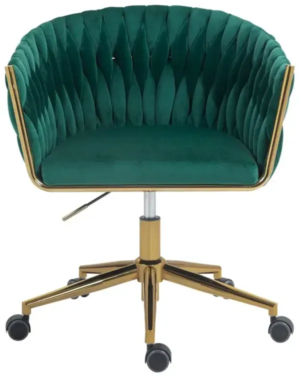 Modern Hand-Woven Backrest Office Chair, Vanity Chair with Wheels, Height Adjustable & 360° Swivel for Bedroom & Living Room