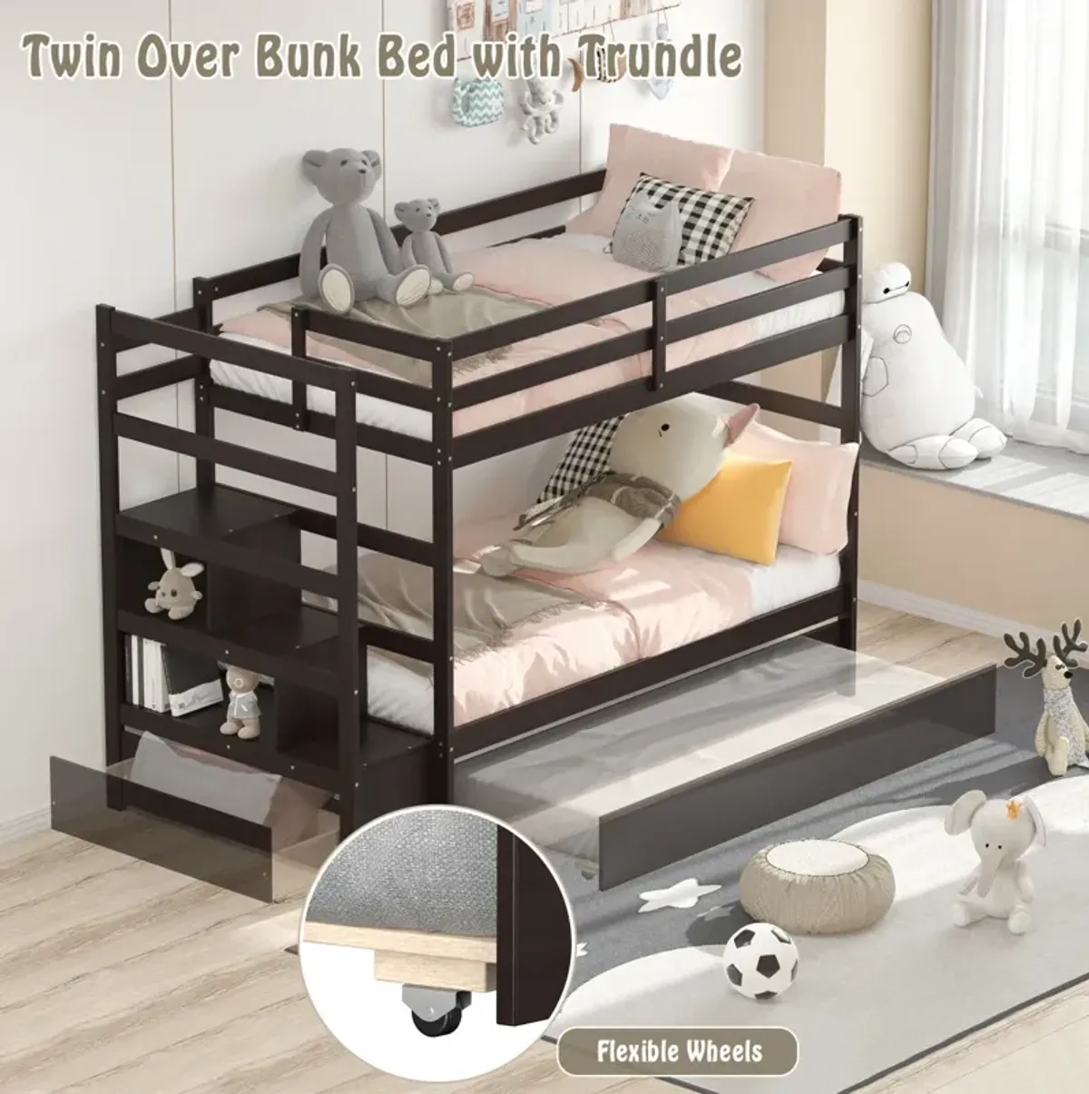 Twin Over Twin Bunk Bed with Storage Shelf and Drawer-Dark Brown