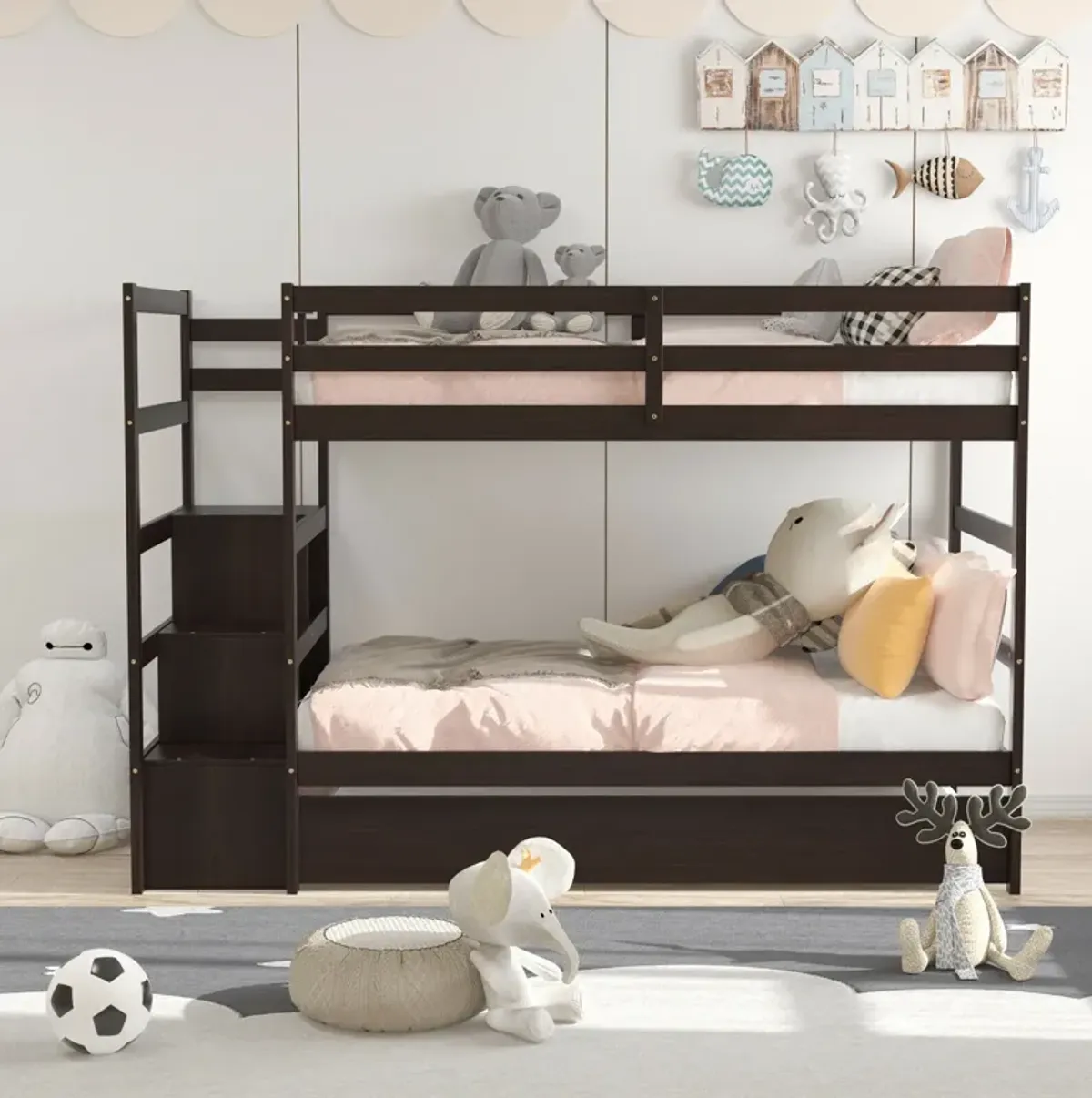 Twin Over Twin Bunk Bed with Storage Shelf and Drawer-Dark Brown