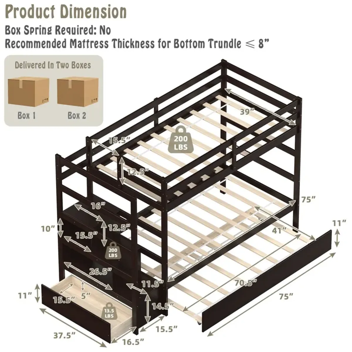 Twin Over Twin Bunk Bed with Storage Shelf and Drawer-Dark Brown