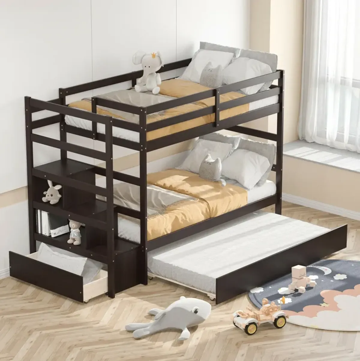 Twin Over Twin Bunk Bed with Storage Shelf and Drawer-Dark Brown