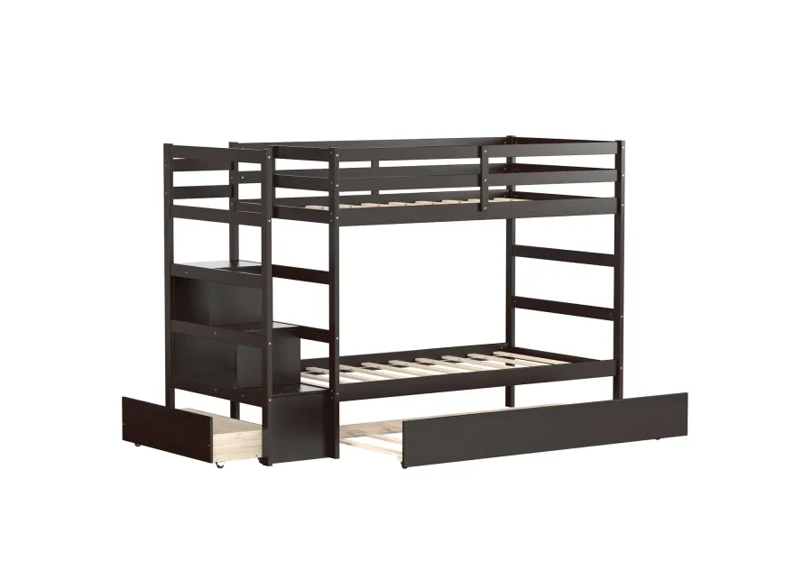 Twin Over Twin Bunk Bed with Storage Shelf and Drawer-Dark Brown