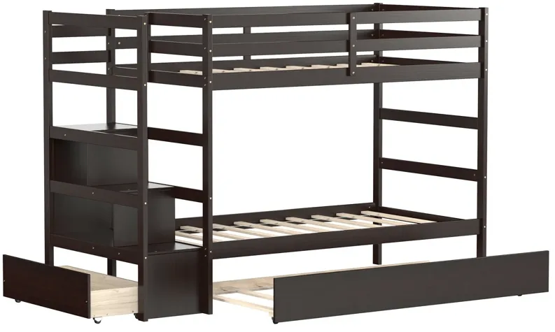 Twin Over Twin Bunk Bed with Storage Shelf and Drawer-Dark Brown