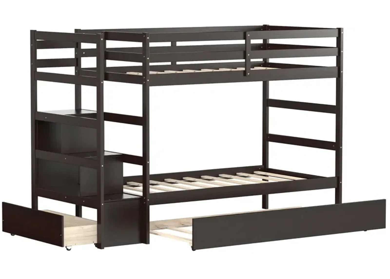 Twin Over Twin Bunk Bed with Storage Shelf and Drawer-Dark Brown