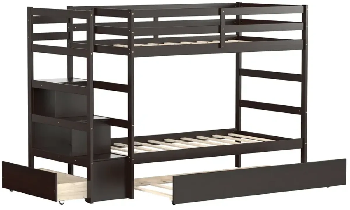 Twin Over Twin Bunk Bed with Storage Shelf and Drawer-Dark Brown