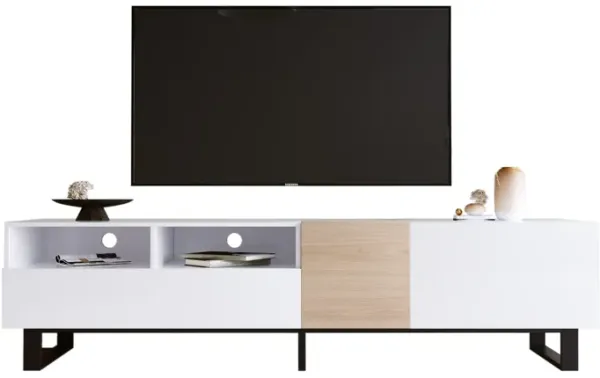 Modern TV Stand for 80'' TV with Double Storage Space, Media Console Table, Entertainment Center with Drop Down Door for Living Room, Bedroom, Home Theatre