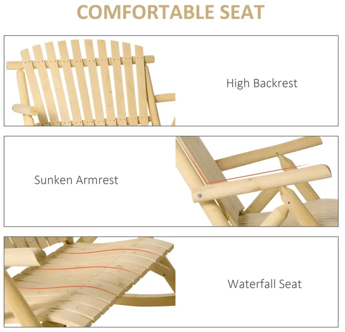 Natural Porch Seat: Wooden 2-Person Rocking Bench with Slatted Design