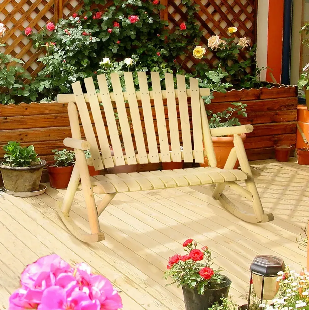 Natural Porch Seat: Wooden 2-Person Rocking Bench with Slatted Design