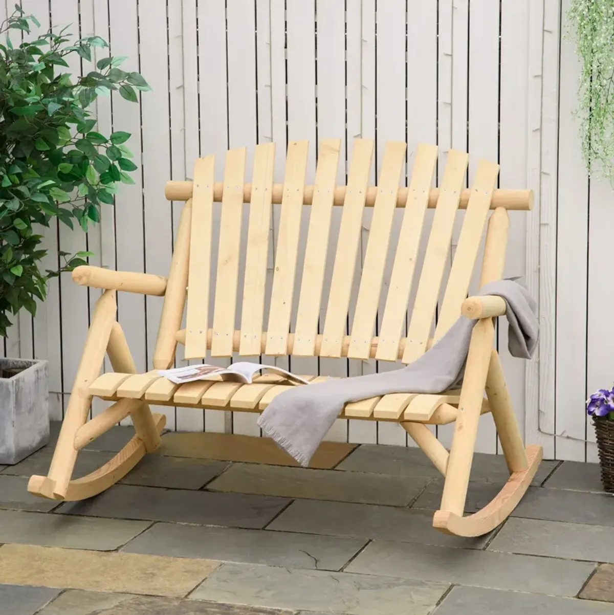 Natural Porch Seat: Wooden 2-Person Rocking Bench with Slatted Design