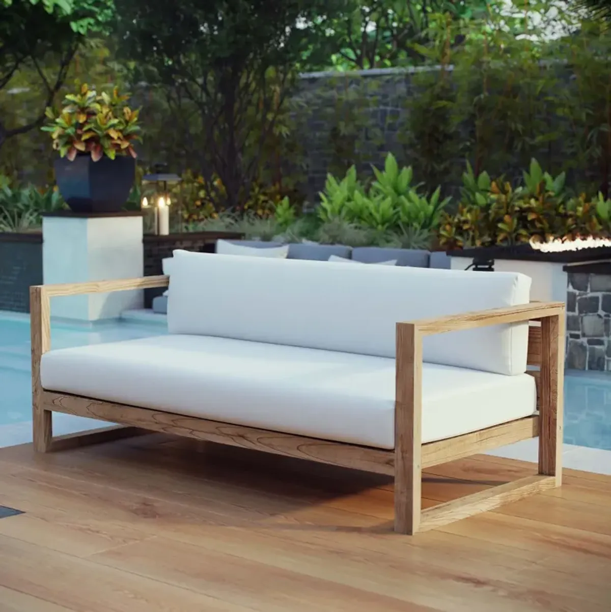 Modway - Upland Outdoor Patio Teak Sofa Natural White