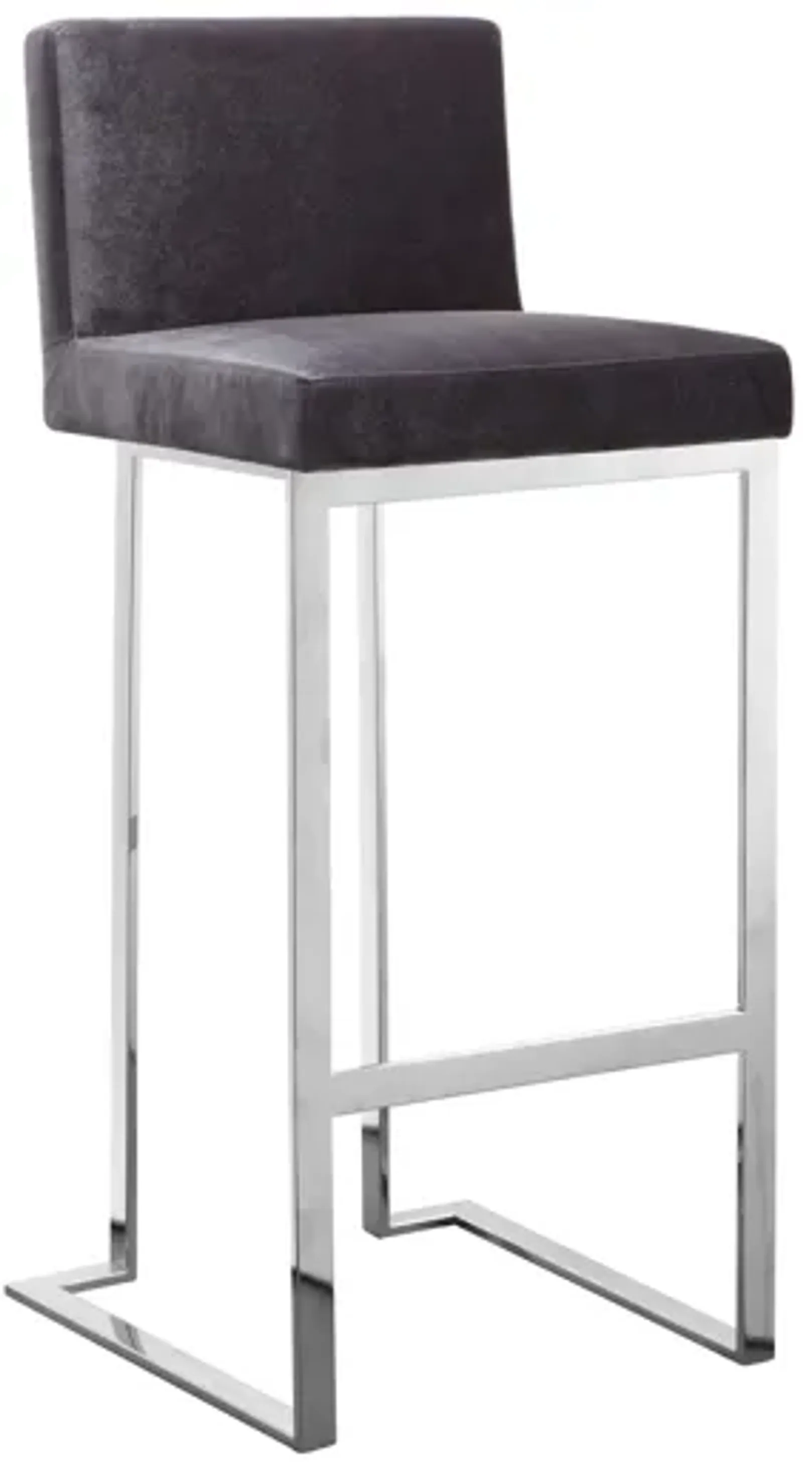 Boly 30 Inch Barstool Chair, Gray Velvet, Foam Cushions, Chrome Steel - Benzara